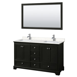 Deborah 60 Inch Double Bathroom Vanity in Dark Espresso Carrara Cultured Marble Countertop Undermount Square Sinks 58 Inch Mirror