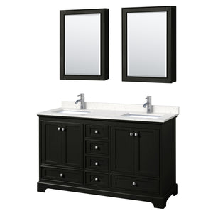 Deborah 60 Inch Double Bathroom Vanity in Dark Espresso Carrara Cultured Marble Countertop Undermount Square Sinks Medicine Cabinets