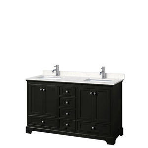 Deborah 60 Inch Double Bathroom Vanity in Dark Espresso Carrara Cultured Marble Countertop Undermount Square Sinks No Mirrors