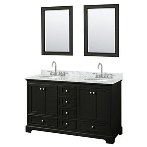 Deborah 60 Inch Double Bathroom Vanity in Dark Espresso White Carrara Marble Countertop Undermount Oval Sinks and 24 Inch Mirrors