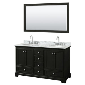 Deborah 60 Inch Double Bathroom Vanity in Dark Espresso White Carrara Marble Countertop Undermount Oval Sinks and 58 Inch Mirror