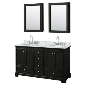 Deborah 60 Inch Double Bathroom Vanity in Dark Espresso White Carrara Marble Countertop Undermount Oval Sinks and Medicine Cabinets