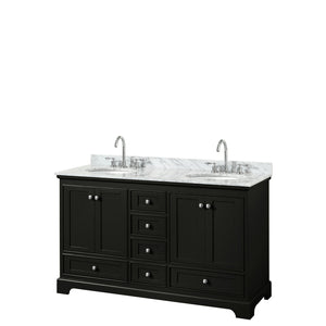Deborah 60 Inch Double Bathroom Vanity in Dark Espresso White Carrara Marble Countertop Undermount Oval Sinks and No Mirrors