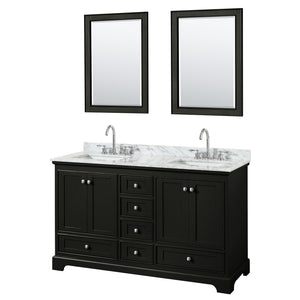 Deborah 60 Inch Double Bathroom Vanity in Dark Espresso White Carrara Marble Countertop Undermount Square Sinks and 24 Inch Mirrors