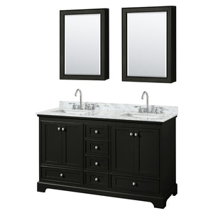 Deborah 60 Inch Double Bathroom Vanity in Dark Espresso White Carrara Marble Countertop Undermount Square Sinks and Medicine Cabinets