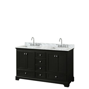 Deborah 60 Inch Double Bathroom Vanity in Dark Espresso White Carrara Marble Countertop Undermount Square Sinks and No Mirrors