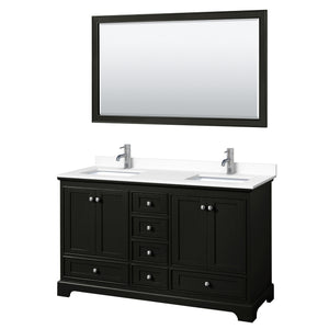 Deborah 60 Inch Double Bathroom Vanity in Dark Espresso White Cultured Marble Countertop Undermount Square Sinks 58 Inch Mirror