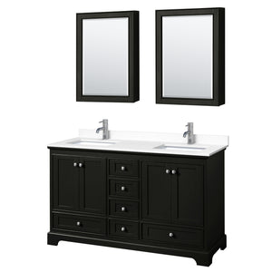Deborah 60 Inch Double Bathroom Vanity in Dark Espresso White Cultured Marble Countertop Undermount Square Sinks Medicine Cabinets
