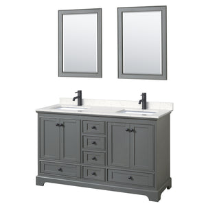 Deborah 60 Inch Double Bathroom Vanity in Dark Gray Carrara Cultured Marble Countertop Undermount Square Sinks Matte Black Trim 24 Inch Mirrors