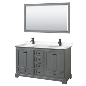 Deborah 60 Inch Double Bathroom Vanity in Dark Gray Carrara Cultured Marble Countertop Undermount Square Sinks Matte Black Trim 58 Inch Mirror