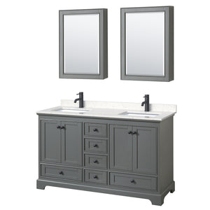 Deborah 60 Inch Double Bathroom Vanity in Dark Gray Carrara Cultured Marble Countertop Undermount Square Sinks Matte Black Trim Medicine Cabinets