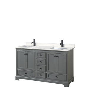 Deborah 60 Inch Double Bathroom Vanity in Dark Gray Carrara Cultured Marble Countertop Undermount Square Sinks Matte Black Trim