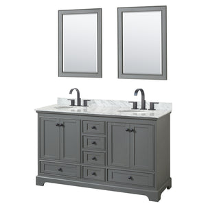 Deborah 60 Inch Double Bathroom Vanity in Dark Gray White Carrara Marble Countertop Undermount Oval Sinks Matte Black Trim 24 Inch Mirrors