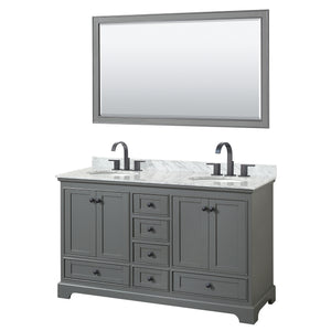 Deborah 60 Inch Double Bathroom Vanity in Dark Gray White Carrara Marble Countertop Undermount Oval Sinks Matte Black Trim 58 Inch Mirror