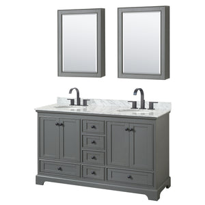 Deborah 60 Inch Double Bathroom Vanity in Dark Gray White Carrara Marble Countertop Undermount Oval Sinks Matte Black Trim Medicine Cabinets