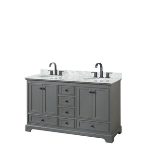 Deborah 60 Inch Double Bathroom Vanity in Dark Gray White Carrara Marble Countertop Undermount Oval Sinks Matte Black Trim
