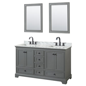 Deborah 60 Inch Double Bathroom Vanity in Dark Gray White Carrara Marble Countertop Undermount Square Sinks Matte Black Trim 24 Inch Mirrors