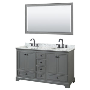 Deborah 60 Inch Double Bathroom Vanity in Dark Gray White Carrara Marble Countertop Undermount Square Sinks Matte Black Trim 58 Inch Mirror