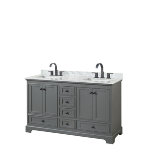 Deborah 60 Inch Double Bathroom Vanity in Dark Gray White Carrara Marble Countertop Undermount Square Sinks Matte Black Trim