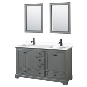 Deborah 60 Inch Double Bathroom Vanity in Dark Gray White Cultured Marble Countertop Undermount Square Sinks Matte Black Trim 24 Inch Mirrors