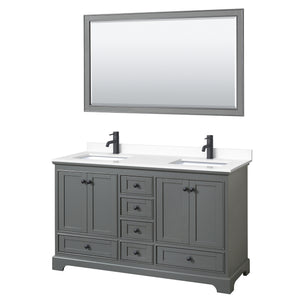 Deborah 60 Inch Double Bathroom Vanity in Dark Gray White Cultured Marble Countertop Undermount Square Sinks Matte Black Trim 58 Inch Mirror
