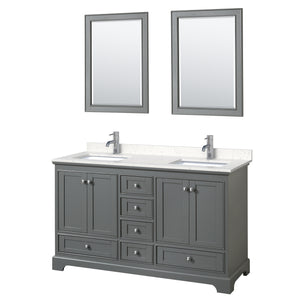 Deborah 60 Inch Double Bathroom Vanity in Dark Gray Carrara Cultured Marble Countertop Undermount Square Sinks 24 Inch Mirrors