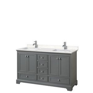 Deborah 60 Inch Double Bathroom Vanity in Dark Gray Carrara Cultured Marble Countertop Undermount Square Sinks No Mirrors