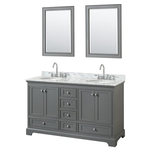 Deborah 60 Inch Double Bathroom Vanity in Dark Gray White Carrara Marble Countertop Undermount Oval Sinks and 24 Inch Mirrors