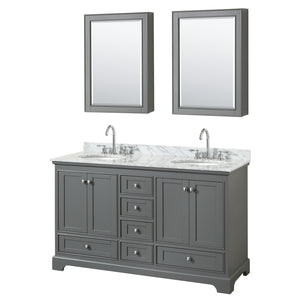 Deborah 60 Inch Double Bathroom Vanity in Dark Gray White Carrara Marble Countertop Undermount Oval Sinks and Medicine Cabinets