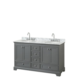 Deborah 60 Inch Double Bathroom Vanity in Dark Gray White Carrara Marble Countertop Undermount Oval Sinks and No Mirrors