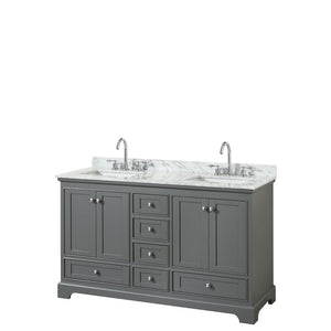Deborah 60 Inch Double Bathroom Vanity in Dark Gray White Carrara Marble Countertop Undermount Square Sinks and No Mirror