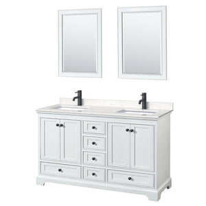 Deborah 60 Inch Double Bathroom Vanity in White Carrara Cultured Marble Countertop Undermount Square Sinks Matte Black Trim 24 Inch Mirrors