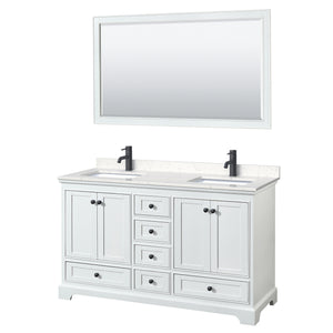 Deborah 60 Inch Double Bathroom Vanity in White Carrara Cultured Marble Countertop Undermount Square Sinks Matte Black Trim 58 Inch Mirror