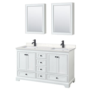 Deborah 60 Inch Double Bathroom Vanity in White Carrara Cultured Marble Countertop Undermount Square Sinks Matte Black Trim Medicine Cabinets