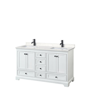 Deborah 60 Inch Double Bathroom Vanity in White Carrara Cultured Marble Countertop Undermount Square Sinks Matte Black Trim