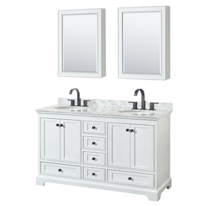 Deborah 60 Inch Double Bathroom Vanity in White White Carrara Marble Countertop Undermount Oval Sinks Matte Black Trim Medicine Cabinets