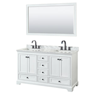 Deborah 60 Inch Double Bathroom Vanity in White White Carrara Marble Countertop Undermount Square Sinks Matte Black Trim 58 Inch Mirror