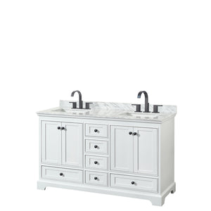 Deborah 60 Inch Double Bathroom Vanity in White White Carrara Marble Countertop Undermount Square Sinks Matte Black Trim