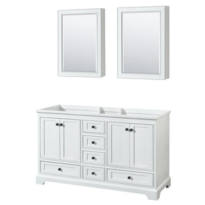 Deborah 60 Inch Double Bathroom Vanity in White No Countertop No Sinks Matte Black Trim Medicine Cabinets