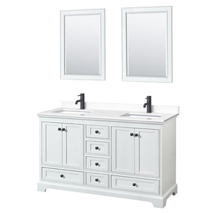 Deborah 60 Inch Double Bathroom Vanity in White White Cultured Marble Countertop Undermount Square Sinks Matte Black Trim 24 Inch Mirrors