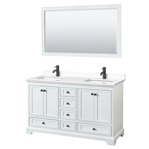 Deborah 60 Inch Double Bathroom Vanity in White White Cultured Marble Countertop Undermount Square Sinks Matte Black Trim 58 Inch Mirror
