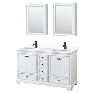 Deborah 60 Inch Double Bathroom Vanity in White White Cultured Marble Countertop Undermount Square Sinks Matte Black Trim Medicine Cabinets