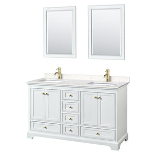 Deborah 60 Inch Double Bathroom Vanity in White Carrara Cultured Marble Countertop Undermount Square Sinks Brushed Gold Trim 24 Inch Mirrors