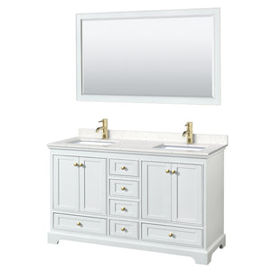 Deborah 60 Inch Double Bathroom Vanity in White Carrara Cultured Marble Countertop Undermount Square Sinks Brushed Gold Trim 58 Inch Mirror