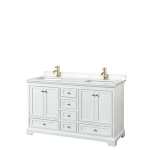 Deborah 60 Inch Double Bathroom Vanity in White Carrara Cultured Marble Countertop Undermount Square Sinks Brushed Gold Trim No Mirrors