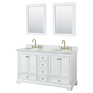 Deborah 60 Inch Double Bathroom Vanity in White White Carrara Marble Countertop Undermount Oval Sinks Brushed Gold Trim 24 Inch Mirrors