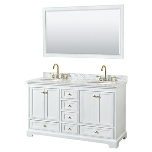 Deborah 60 Inch Double Bathroom Vanity in White White Carrara Marble Countertop Undermount Oval Sinks Brushed Gold Trim 58 Inch Mirror