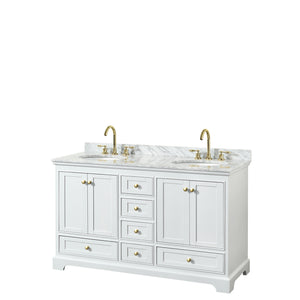 Deborah 60 Inch Double Bathroom Vanity in White White Carrara Marble Countertop Undermount Oval Sinks Brushed Gold Trim No Mirrors