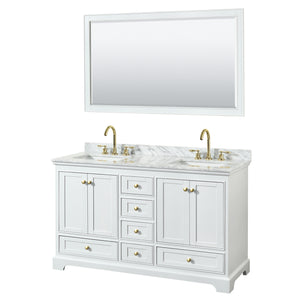 Deborah 60 Inch Double Bathroom Vanity in White White Carrara Marble Countertop Undermount Square Sinks Brushed Gold Trim 58 Inch Mirror
