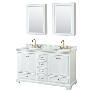 Deborah 60 Inch Double Bathroom Vanity in White White Carrara Marble Countertop Undermount Square Sinks Brushed Gold Trim Medicine Cabinets